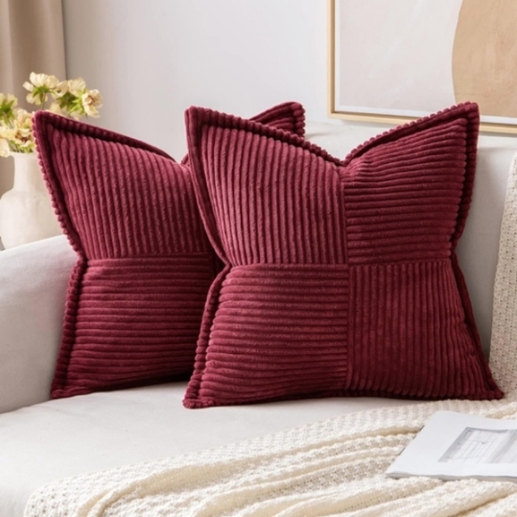 Cranberry Red Striped Corduroy Velvet Pillow Covers Set Square Throw Pillows New - Picture 8 of 9